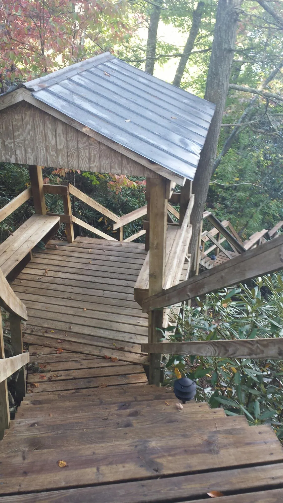 Metal roofed shelter over wooden steps on a wooded walkway — Skylight Repair & Installation work by our crew in Elk Mountain