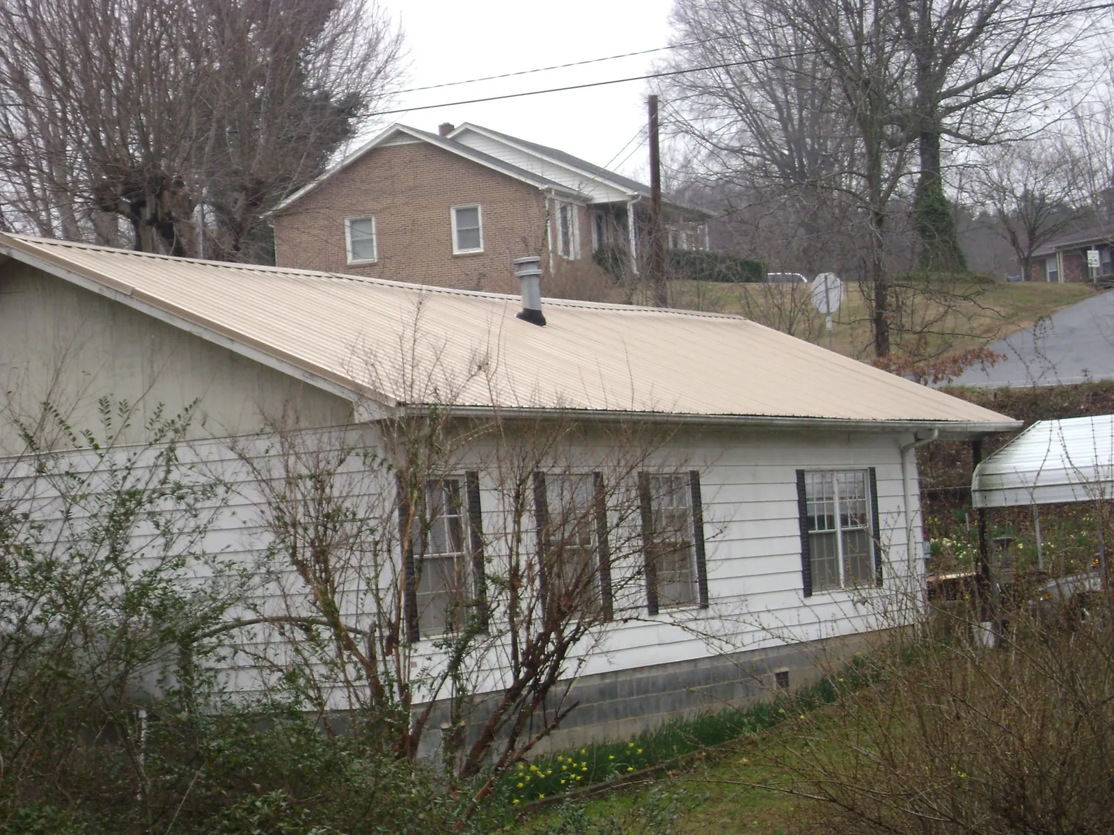 Tan metal roof on a white sided house set into a hillside — Commercial Roofing by Roofing Brothers in Elk Mountain